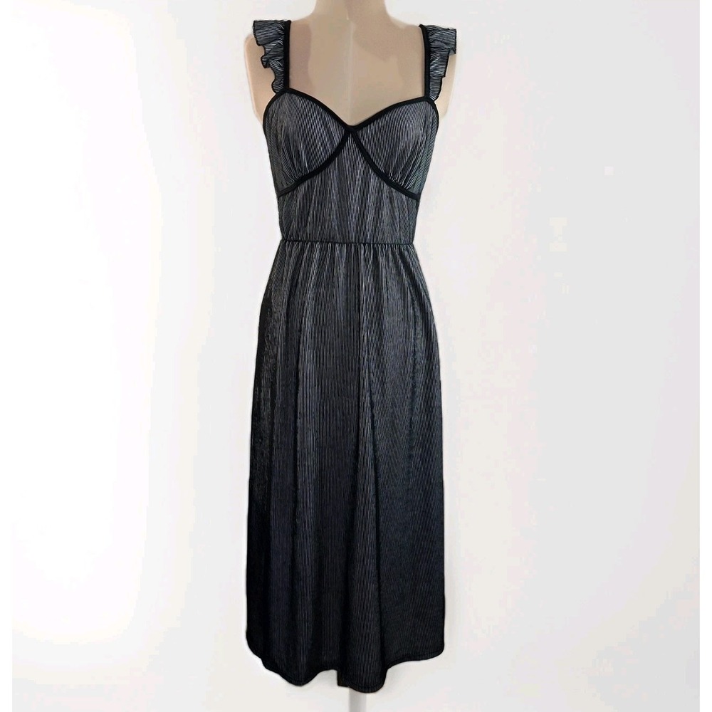 Romantic Bustier Seam Coquette Sweetheart Neck Pinstripe Ruffle Strap Midi Dress